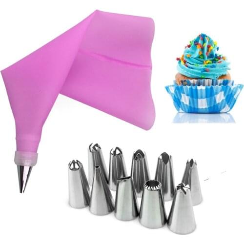 12PC/Set DIY Silicone Icing Piping Cream Pastry Bag Stainless Steel Nozzle Converter Tips Kitchen Baking Cake Decorating Tools