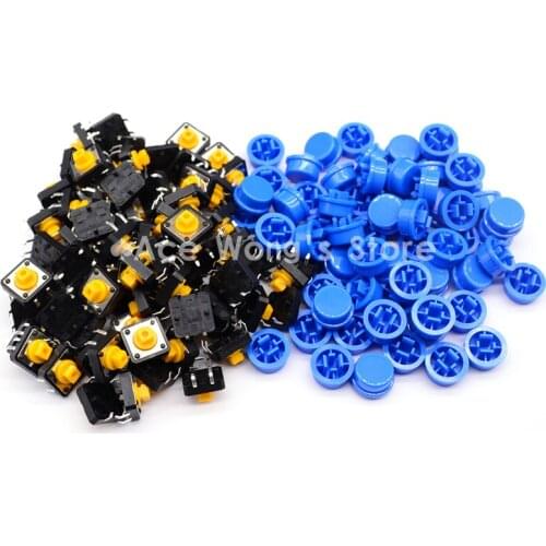 Free shipping,100PCS Tactile Push Button Switch Momentary 12*12*7.3MM Micro switch button + (100pcs Blue Tact Cap)