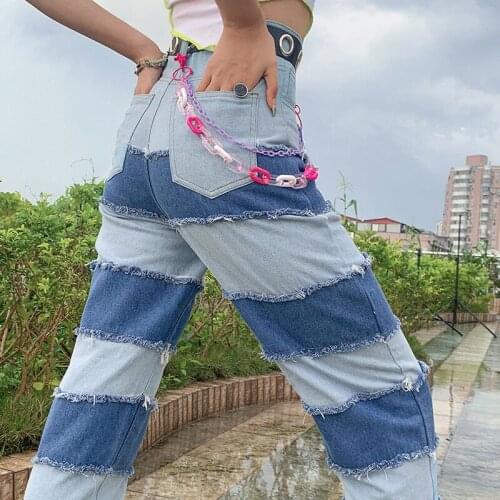 Color Block Straight Leg Jeans Woman High Waist Streetwear Panelled Sexy Trousers With Pocket Brown Patchwork Denim Pants