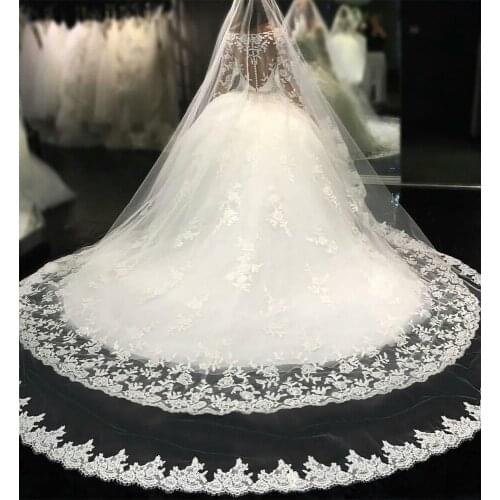 Appliques Weding Veils Lace Hem For Bridal 3 Meters Soft Tulle Long Cathedral Veil With Comb