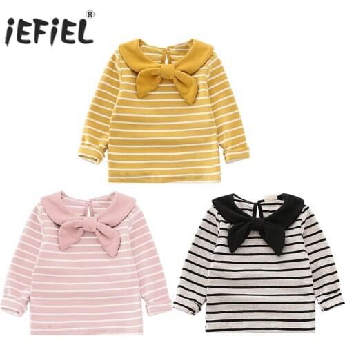 Baby Girl Lapel Collar Bow T-shirt Clothes Toddler Kids Striped T-shirts Tops Cute Bowknot Long Sleeve Basic Plain Blouse