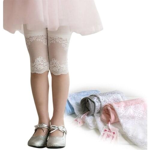 Baby Girl Leggings Lace Stitching Children Casual Pants Fitness Pink Blue Gray Half Sleeve Trousers Stretch Kids Clothing GL12