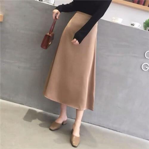 Summer Silk Midi Skirts Womens Korean England Style Satin Office Lady Simple Solid Elegant Faldas Mujer Moda Long Skirts Womens