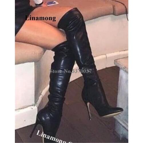 Linamong Elegant Women Pointed Toe Stiletto Heel Knee High Boots Black Leather Slim Long High Heel Boots Club Dress Shoes
