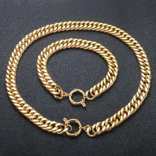 Hip Hop Cuban Chunky Chain Choker Necklace 18K Gold Plated Link Chain Bracelet For Women Fashion Jewelry Set