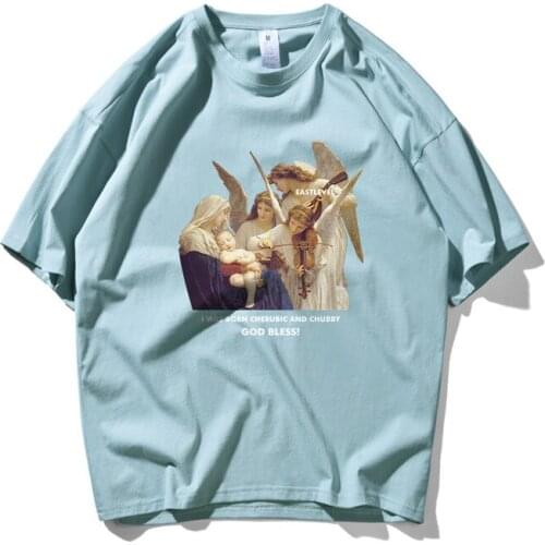 2021 Summer Trend Angel Print Mens Casual Loose Pure Cotton Drop Shoulder Short Sleeve T-shirt