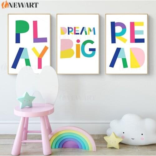 Baby Nursery Wall Canvas Painting Read Play Dream Big Poster Bright Color Letter Print Kids Bedroom Decoration Nodic Decor
