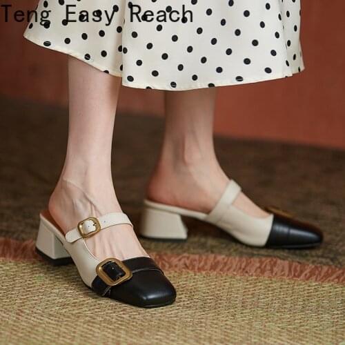 New Square Toe Flip Flops Fashion heel High heels Muller slippers women 2021 summer metal button Patchwork ladies Flip Flops