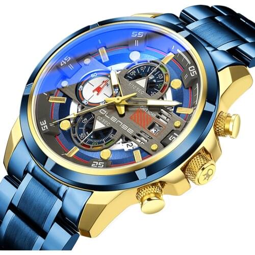 New Mens Watches Top Luxury Brand Business Blue Stainless Steel Quartz Watch Mens Casual Waterproof Date Chronograph Watch