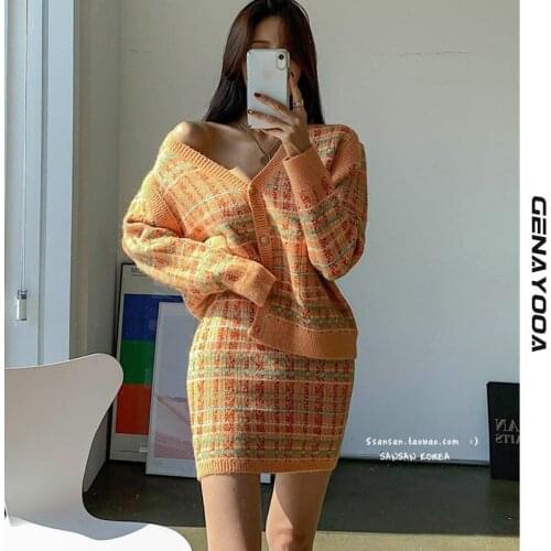 Genayooa V-neck Plaid Skirt Set 2021 Autumn Winter Knit Two Piece Suit Cardigan Sweater And Elastic Skirt Korean 2 Pieces Sets