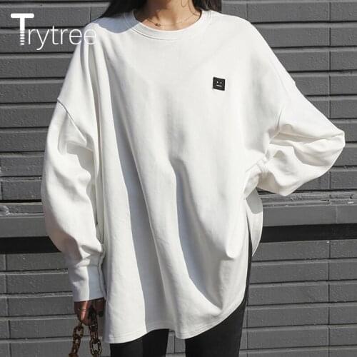 Trytree 2021 Autumn Women T-shirt Casual Cotton O-Neck Solid Side Split Hem Loose All-Purpose Style Tops For Women Dropshipping