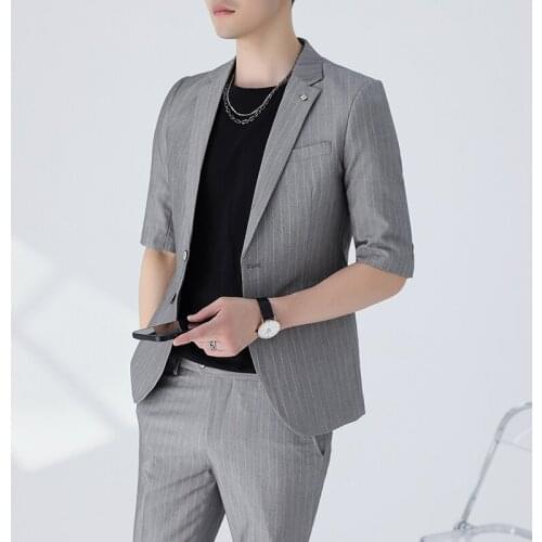 Jacket+Pants) Mens half-sleeved suit 2021 summer new men high-quality fashion striped 2-piece wedding host slim tuxedo Blazer