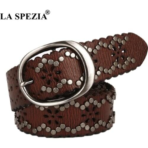 LA SPEZIA Rivet Belt Punk Real Leather Women Belt High Quality Buckle Black Coffee Hip Hop Ladies Rock Waist Belts 110cm 115cm