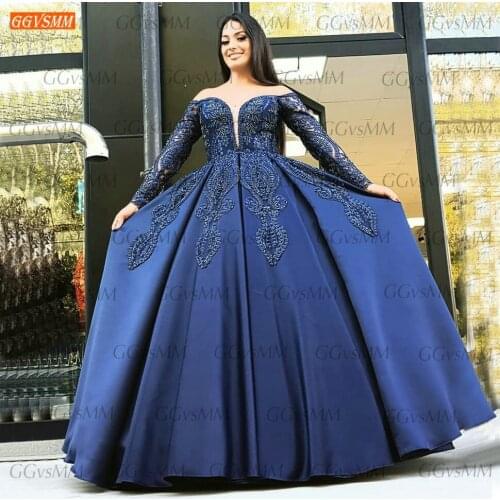 Dark Royal Blue Evening Dresses Long Sleeves 2021 Robe De Soirée De Mariage Beading Party Gown Women Customized Vestido De Festa