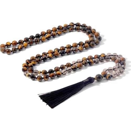 Yellow Tiger Eye Tea Crystal Mala Beads Knotted Necklace 108 Rosary Japamala Yoga Meditation Jewelry with Brown Tassel