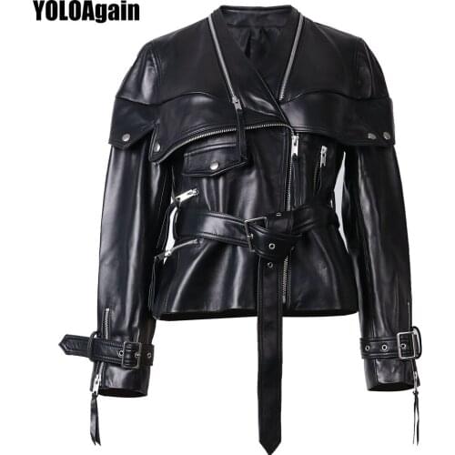 YOLOAgain Women V-neck Slim Black Genuine Leather Motorcycle Jacket