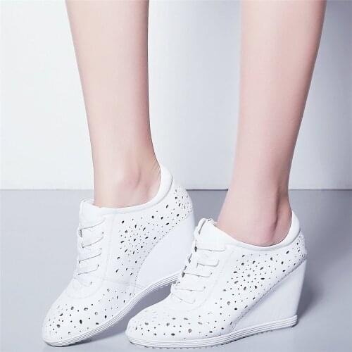 Fashion Sneakers Women Hollow Genuine Leather Wedges High Heel Ankle Boots Female Round Toe Platform Pumps Shoes Casual Shoes