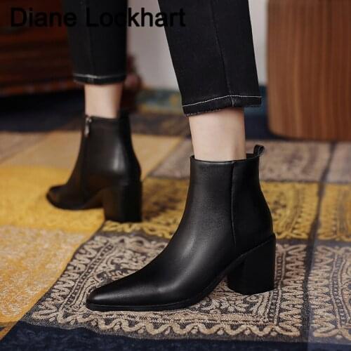 2021 New Arrival pointed toe Chelsea Boots Thick Med Heel Women Ankle Boot winter Black square heel Shoes western boots 33-43