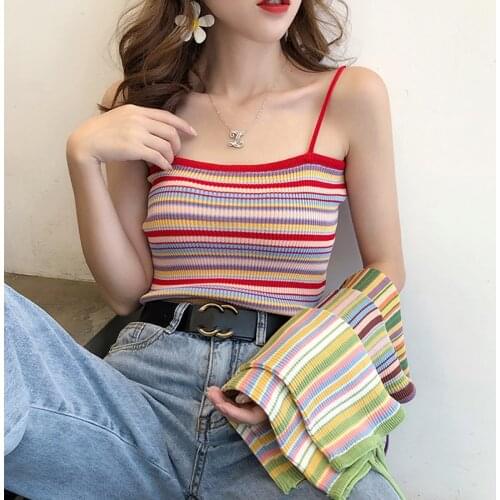 Women short tops summer Rainbow Striped Knitted basic Shirt vest ins street Sleeveless Suspender outwear vintage Travel tank
