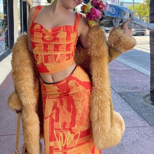 Apcopter Y2k Two Pieces Set Printed Summer Sets Women Vintage Beach Style Skirts Suits Orange Fashion Camis Sets 2021 New 90S