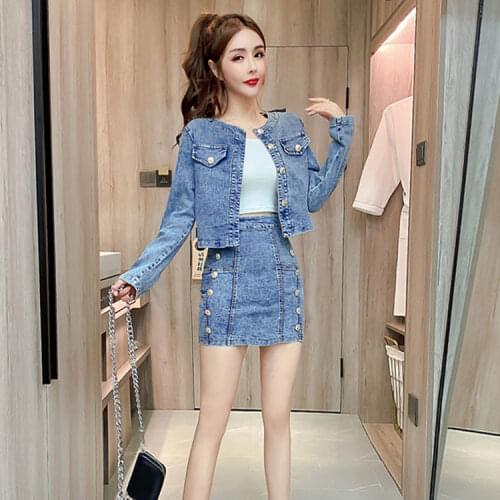 Women 2021 Spring Autumn Vintage Denim Jacket Skirt sets Female Elegant Casual 3 Pieces Set Short Jean Coat Mini Skirt Suit B212