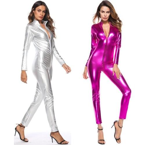 Women Long Soft PVC Leather Crotchless Jumpsuit Sexy Lingerie Female Bodysuit Erotic Latex Catsuit Shaping Leotard Doule Zipper