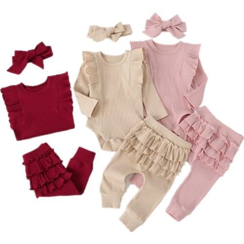 2021 Autumn and winter Baby Girl Clothes Set Casual Pink Long sleeve Lace Romper+Trousers+Headband 3Pcs Newborn Infant Clothing