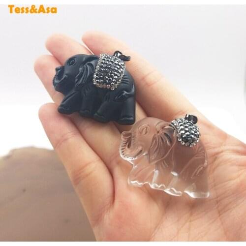 5Pcs Cute Carved Elephant Stone Pendants Rhinestone Paved Synthetic Beads Quartz Boho Glass Crystal Jewelry For Necklace Finding