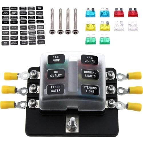 6 Way Blade Fuse Box Holder Standard Blade Fuse Blocks LED Indicator 10Pcs Fuses Terminals for Car Boat Marine Caravan