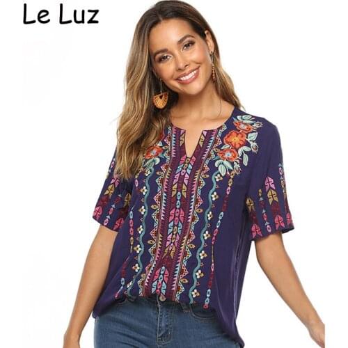Le Luz Floral Embroidery Blouses Shirt Cotton Summer Boho Mexican Shirts Short Sleeve Plus Size 2xl 3xl Ethnic Hippie Tops 2021