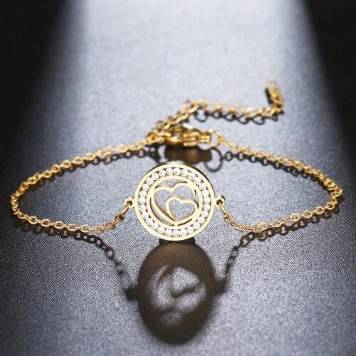 CACANA 316L Stainless Steel For Women Crystal Bracelet Hollow Double Heart Round Bracelets Gold Color Engagement Gifts Jewelry