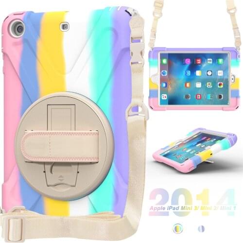 Case For iPad Mini 1 2 3 7.9 inch Full Protection 360 Rotation Hand Kickstand Silicone Case Colorful Rainbow Tablet Cover +Gift
