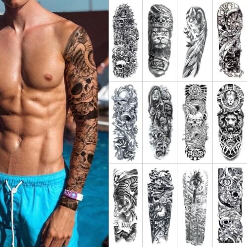 Black full arm temporary tattoo sticker Ink tiger arm waterproof tattoo Flower skull lion sleeve tattoo for men
