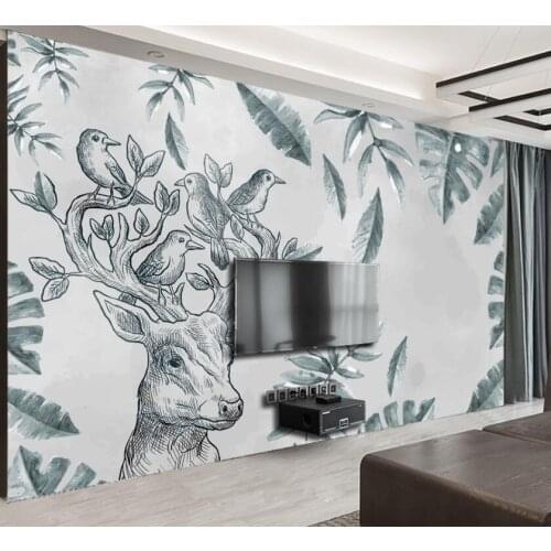 CJSIR Nordic Retro Elk Hand-painted Creative TV Background Wall Custom Large Mural Green Wallpaper Papel De Parede Decors