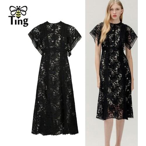 Tingfly Designer Fashion Hollow Out Summer Lace Black Dress Vintage Elegant Midi Long Office Lady Work Dresses Elbise Clothes Za
