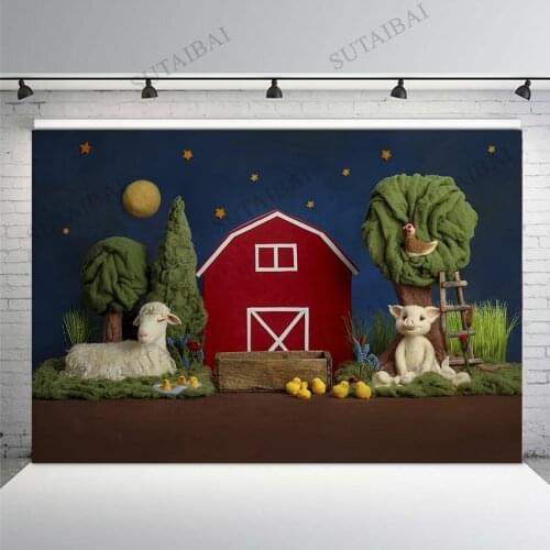 Cartoon Animal Farm Backdrop Lamb Sheep Goat Red Barn Chick Duck Night Moon Stars Photocall Booth Photo Background Photography