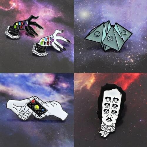 GDHY Cartoon"MAKE UP FIEND"Black White Gesture Hand Photography Camera Origami Edgar Allan Pin Brooch Punk Shirt Badge Jewelry