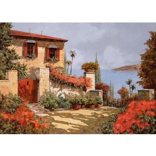 Mediterranean canvas oil painting landscape pictures The red garden art for home wall decoration