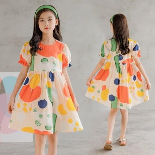 Colorful Print Summer Dresses Girls Clothing Kids Petal Sleeve Knee Length Beach Dress Clothes Children Cute Holiday Dresses