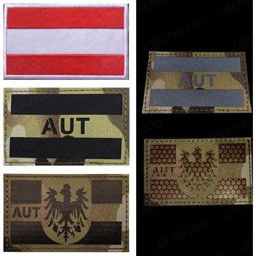LIBERWOOD Austria Flag Embroidered Military Shoulder Applique Austrian AUT Emblem IR Reflective Patch Tactical Badge