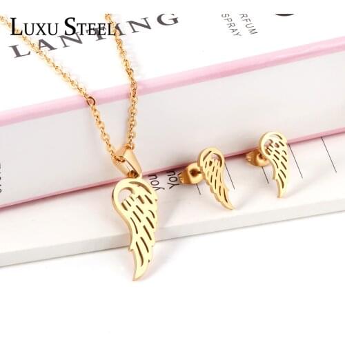 LUXUSTEEL Gold Color Angel wings Pendant Necklace Girl Christmas Jewelry Sets Stainless Steel Link Chains Necklace Collars Party
