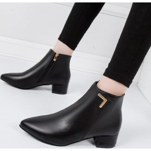Fashion Womens Boots Casual Leather Low Heel High Heels Spring Womens Shoes Pointed Toe Rubber Ankle Boots Women Boots