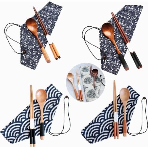New Portable Wooden Spoon Chopsticks Set Vintage Japanese Style Wooden Flatware For Travel Home Creative Tableware Set With Bag