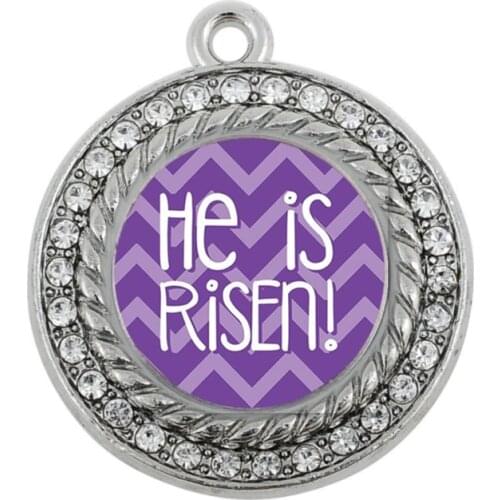 HE IS RISEN PURPLE CHEVRON PATTERNED SQUARE CIRCLE CHARM antique silver plated jewelry