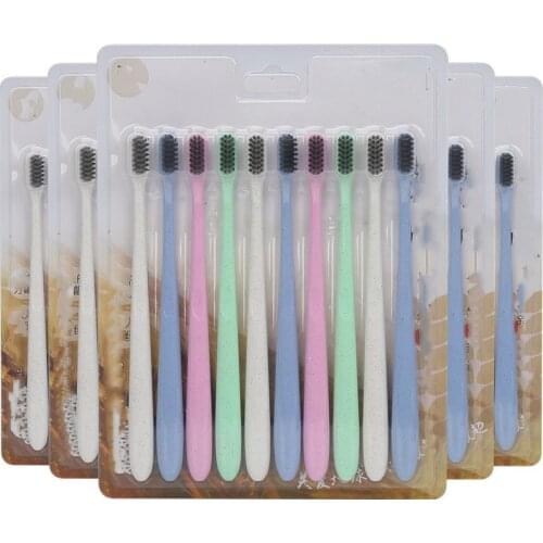 10pcs/set Portable Travel Toothbrush Soft Bamboo Charcoal Wheat Stalk Handle Oral Care Nano-antibacterial Family Set Toothbrush