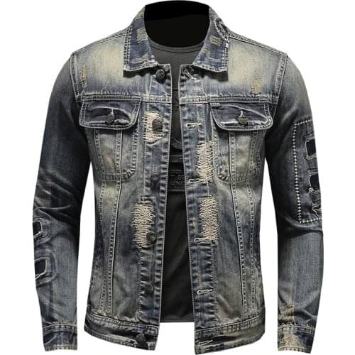 Ripped Mens Holes Distressed Denim Vintage Motorcycle Biker Coat Embroidery Patch Design Rock Jacket Drop Shipping