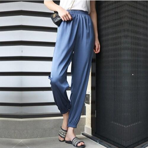 Summer Satin Harem Thin Pants Women High Waist Casual Trousers Woman Korean Fashion Baggy Ankle-Length Sweatpants Mujer 2021