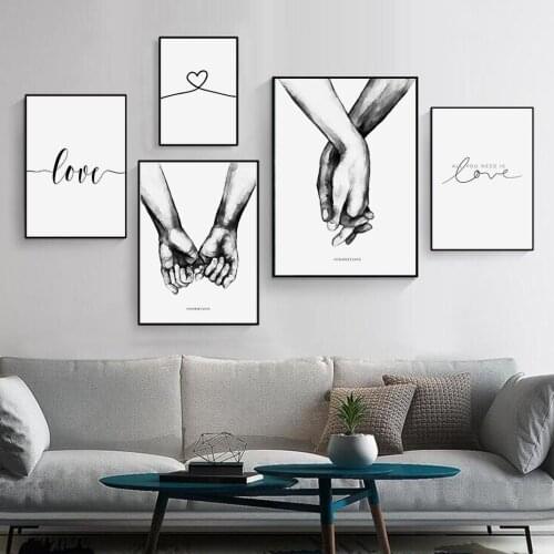 Nordic Morden Black and White Holding Hands Love Letter Couple Abstract Canvas Painting Poster Print Wall Art Picture Room decor