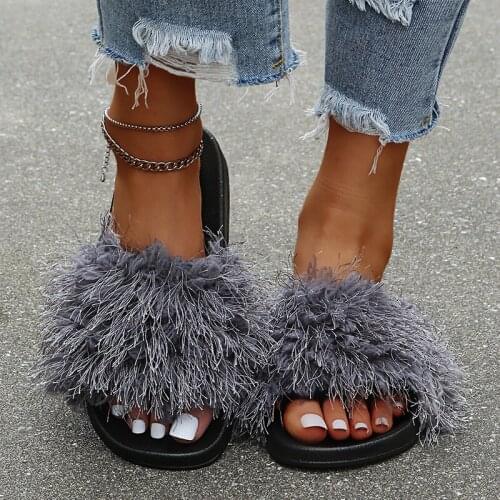 Women Fur Plush Slippers 2021 Female Summer Fashion Slides Ladies Casual Outside Flats Woman Beach Shoes Plus Size Footwear