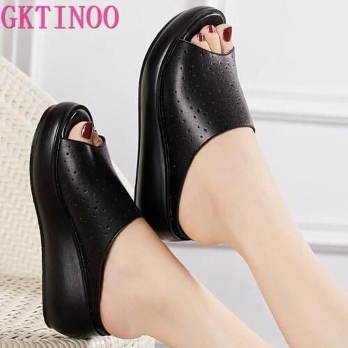 GKTINOO Women Slippers 2021 Ladies Summer Shoes Hollow Out Women Wedges Heels Fashion Summer Genuine Leather Shoes Platform